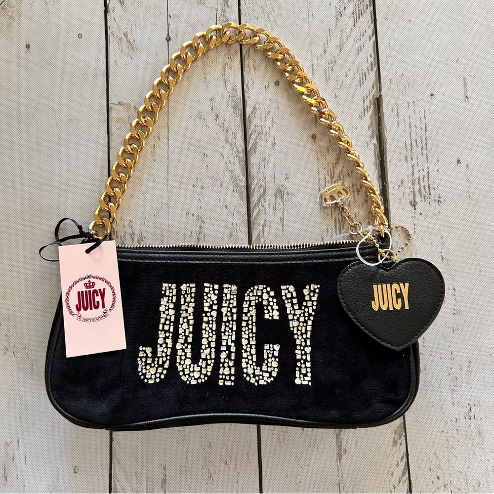 Juicy Couture Black Rhinestone Logo Shoulder Bag with Gold Chain Strap NWT